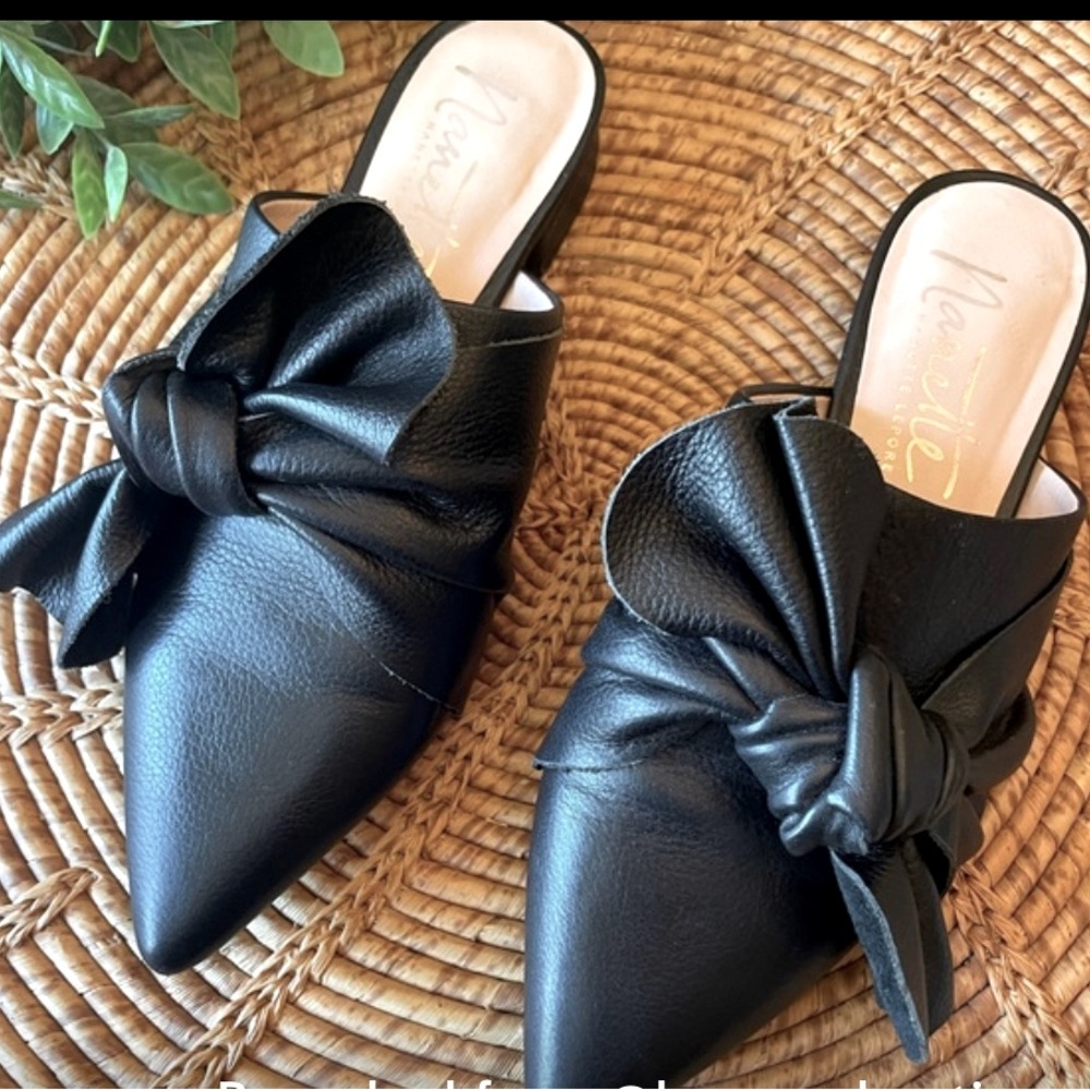 Nanette Lenore “Ambar” Leather Black Knot Mules